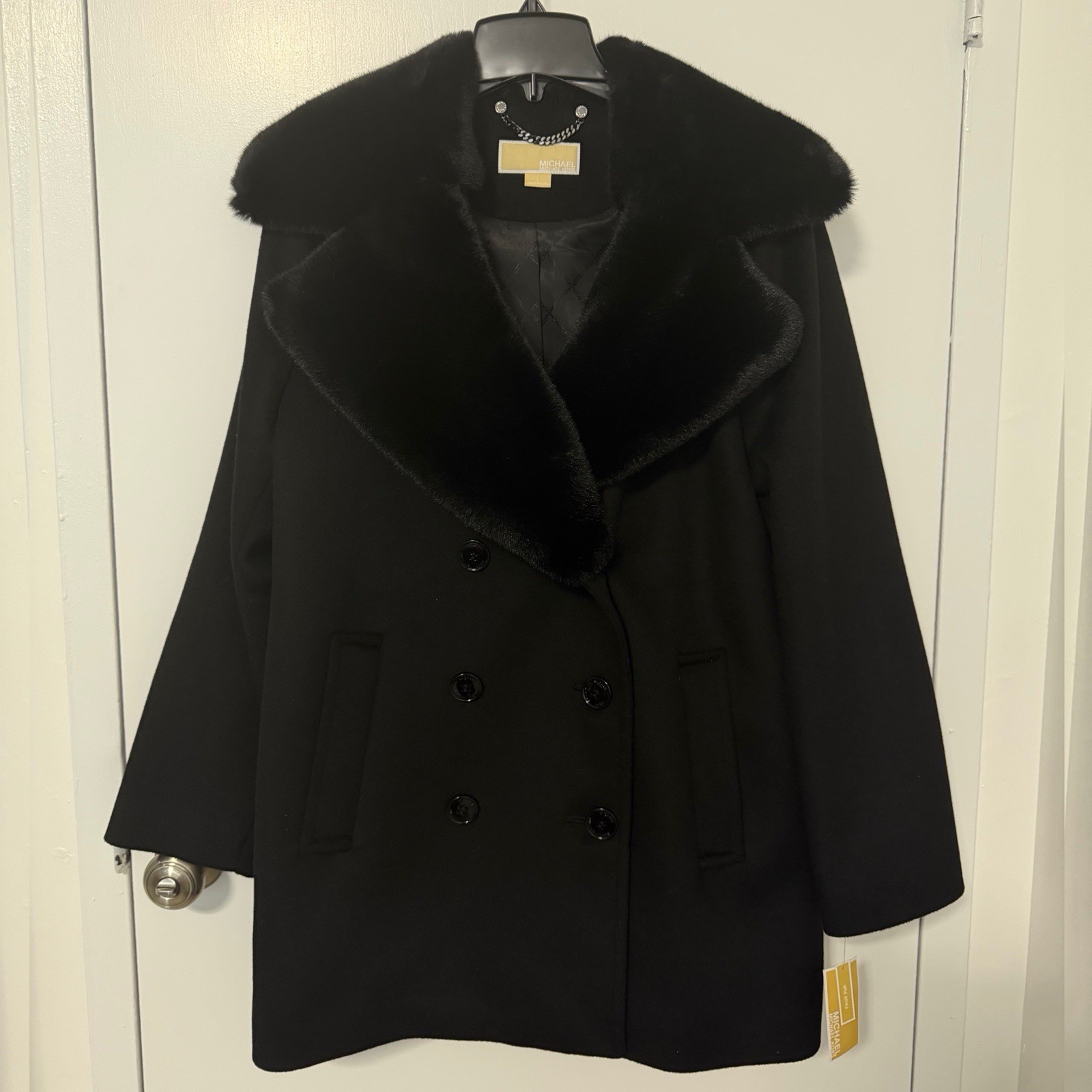 Michael Kors Women's Double Breasted Wool Blend Coat with Faux Fur Collar Large