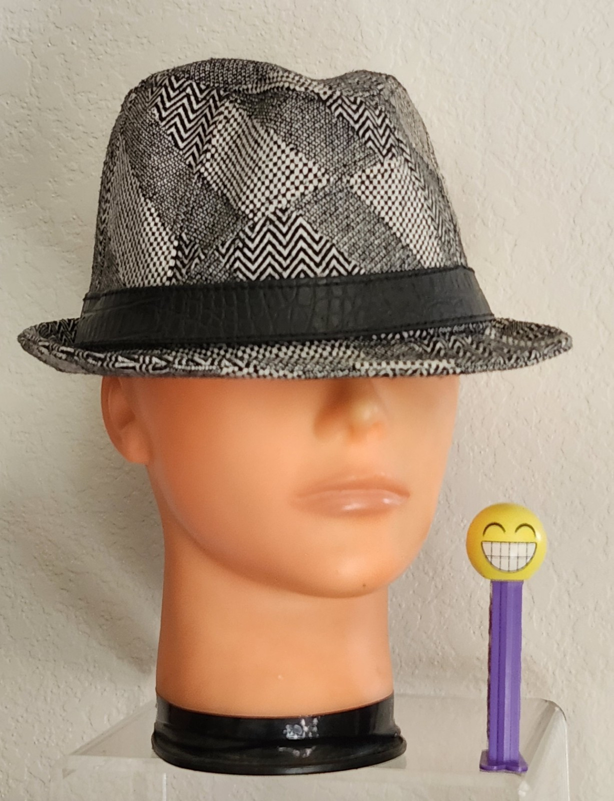 Unisex Fedora Hat in Black Gray Cream Plaid with Pleather Band M/L-image