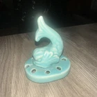 Vintage USA Shawnee Pottery Teal Blue Flower Frog Dolphin