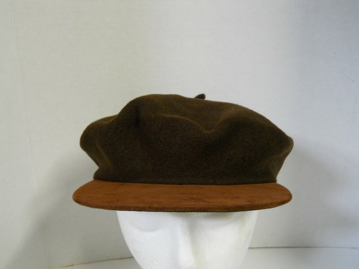 French Style Brown Wool Beret Beanie Cap Hat w/ Faux Leather Bill - Main Image