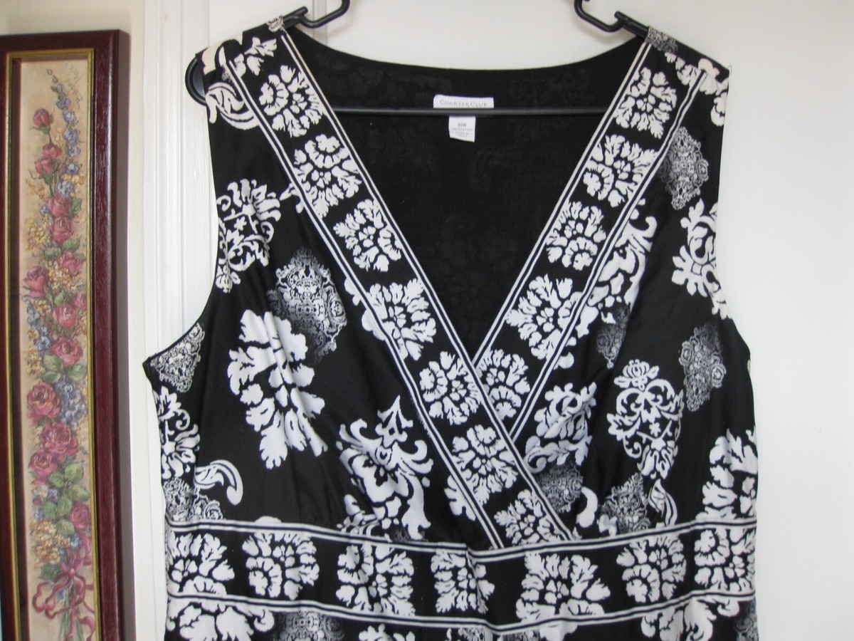 CHARTER CLUB FLORAL BLACK/WHITE DRESS SIZE 16W EUC A LINE CUT ABOVE KNEE