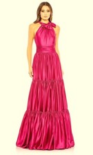 Mac Duggal Fuchsia Bow Detail Tiered Satin A-Line Gown Size 16 $398