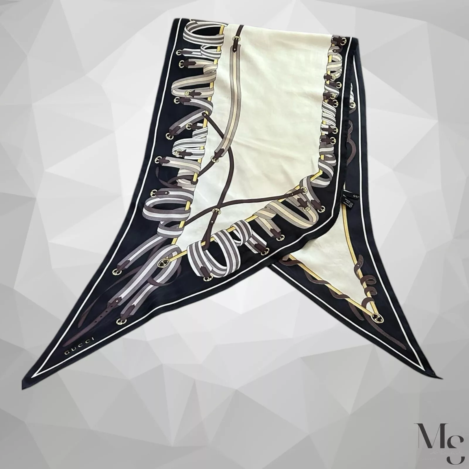GUCCI foulard imprimé ceinture noir et blanc soie fabriqué en Italie 47