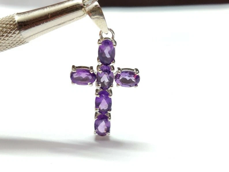 Natürlich Amethyst Kreuzanhänger Handgefertigt Silber 2.5 Karat - Bild 1 von 4