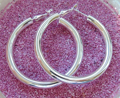 925 Silber XXL Creolen 50 mm  5 mm Groß Rund Hänger Spiegel Klapp Verschluss