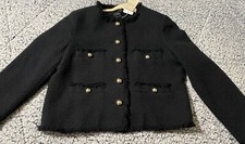 Mango MNG Jacket Woman XL Black Tweed with Gold Buttons Cropped Long Sleeve NWT