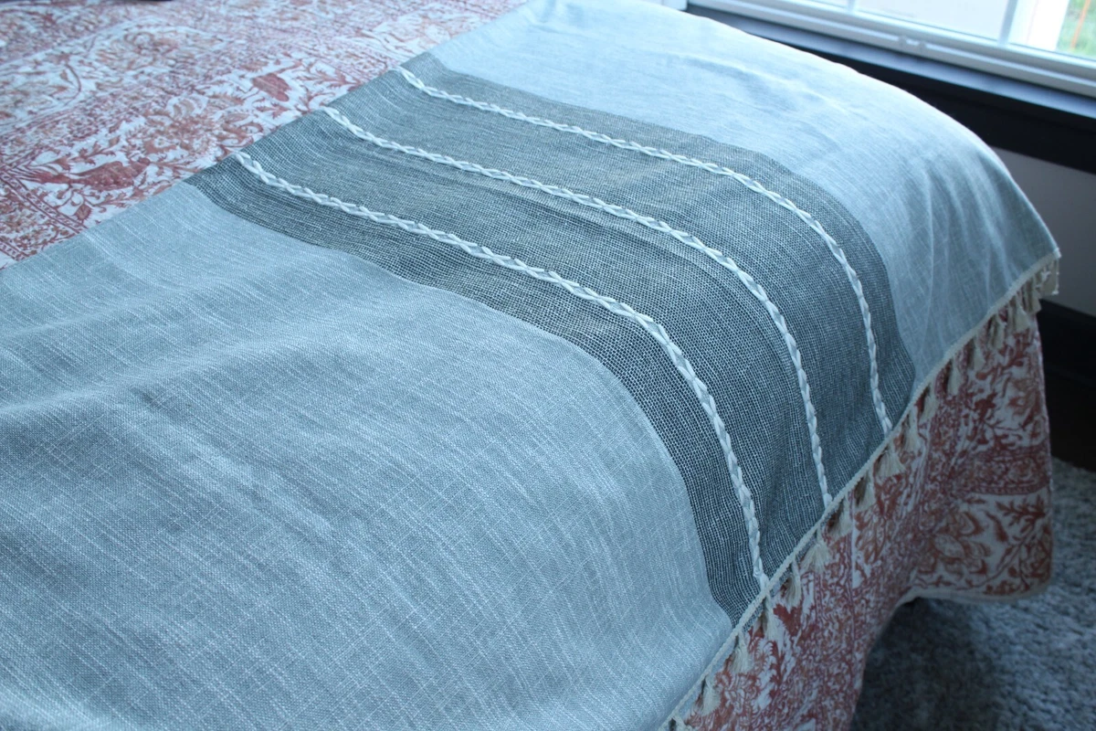 Grey Cream White Fringe Tassel Throw Blanket Tablecloth Boho