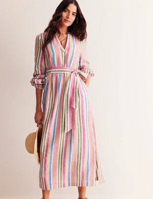 BNWT Boden Linen Maxi Notch Neck Dress Sz 12 Pop Pansy Multi Stripe