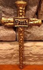 Gold Tone Metal Religious Nail Cross Crucifix "Faith" Wall Mount 7.75" x 4.25"