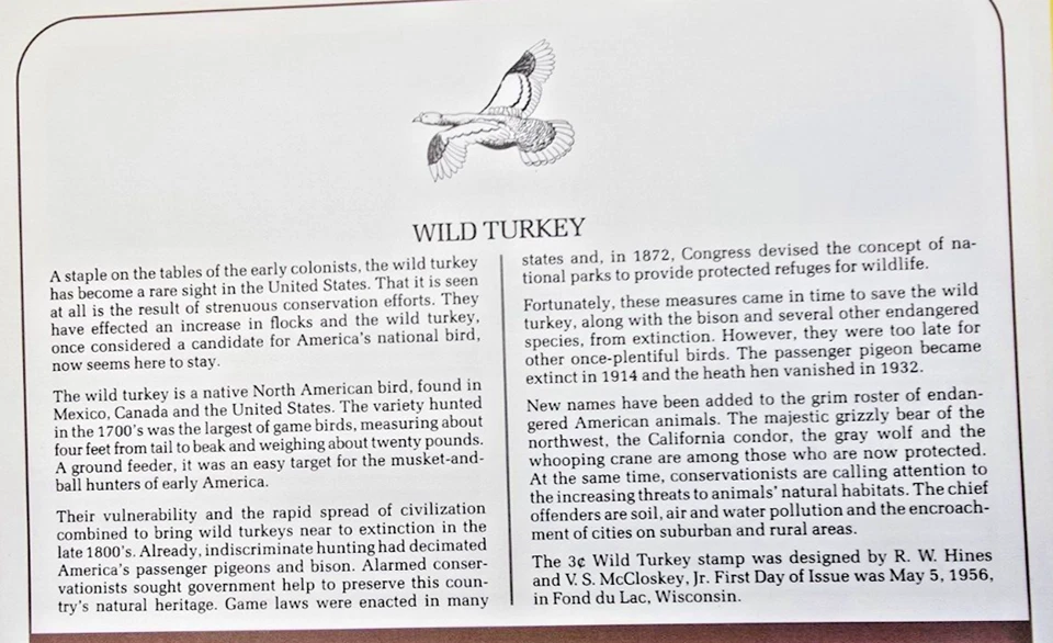 Wildlife Conservation FDC 1956 Wild Turkey, Found Du Lac 3¢ Art Craft - Image 3 of 3