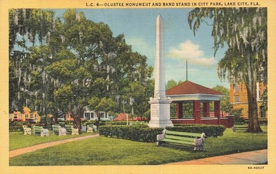 Vintage Leinen Postkarte Olustee Monument & Band Ständer See Stadt Flasche