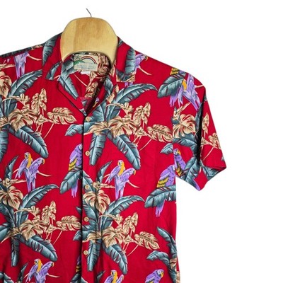 Paradise Found Mens Red Parrot Tropical Hawaiian Shirt Cotton Made in Hawaii L