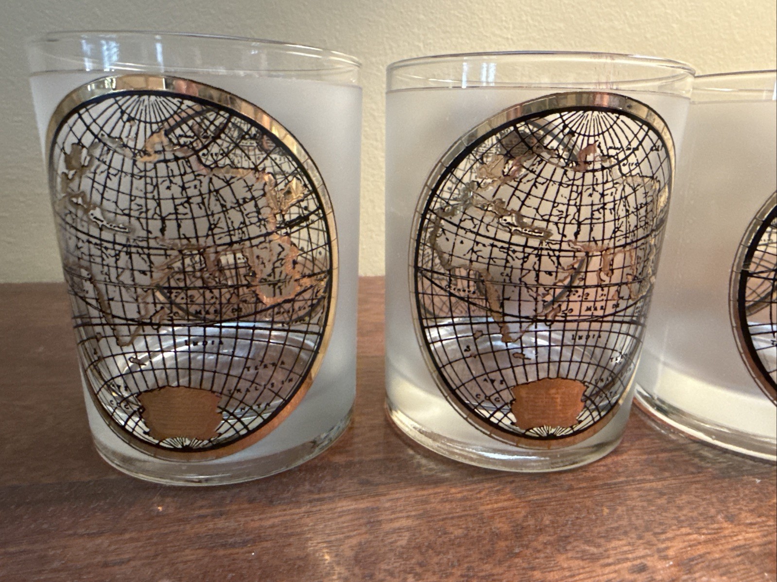 4 VINTAGE Culver 22K Globe ORBIS GEOGRAPHICA Gold Double Old Fashion Glasses box