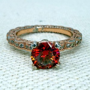 Authentic Sterling Silver Rose Gold Plated Red Round Cut Moissanite Filigree Cocktail Ring
