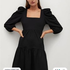Mango | Black Puff Sleeve Tiered Mini Dress Sz M 8
