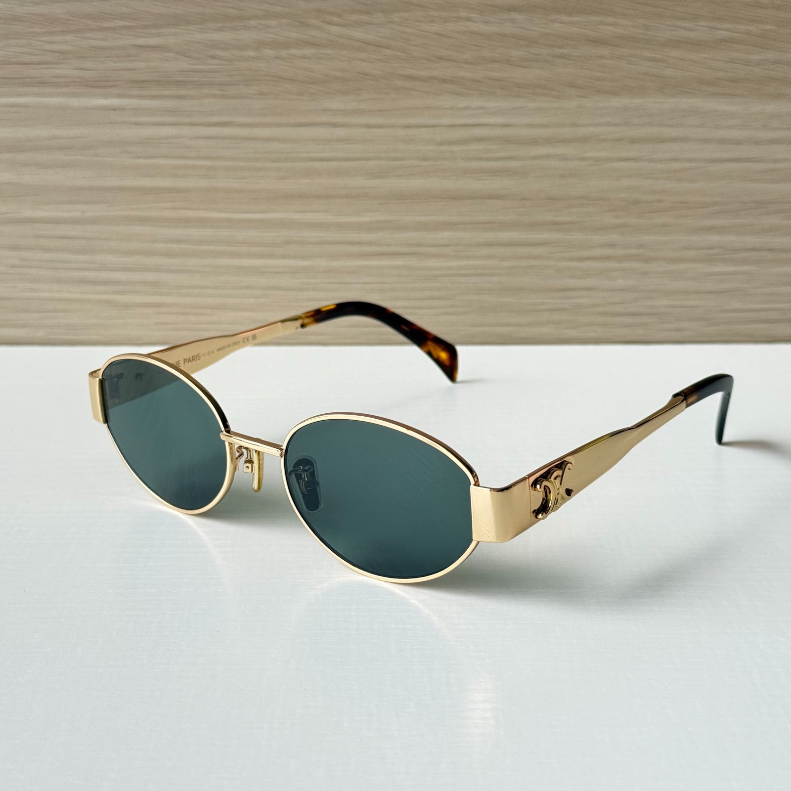 Celine Triomphe CL40235U 30N Gold Metal Oval Sunglasses Green Lens 54-18-135