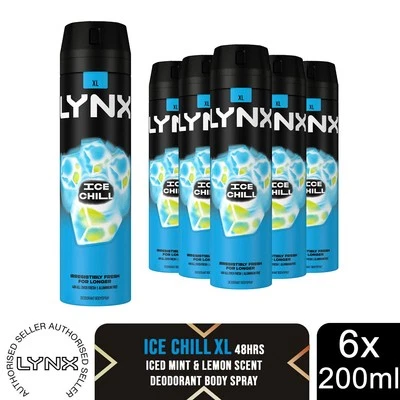 Lynx XL Ice Chill 48H Deodorante Spray Corpo Profumo Menta e Limone Fresco Ghiacciato,6x200ml