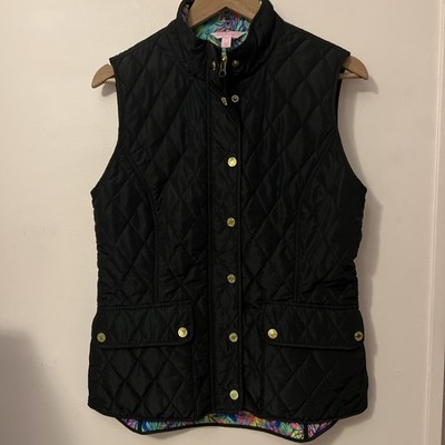 Lilly Pulitzer Getaway Vest M Med Black Quilted Gold Snaps Full Zip Floral Lined