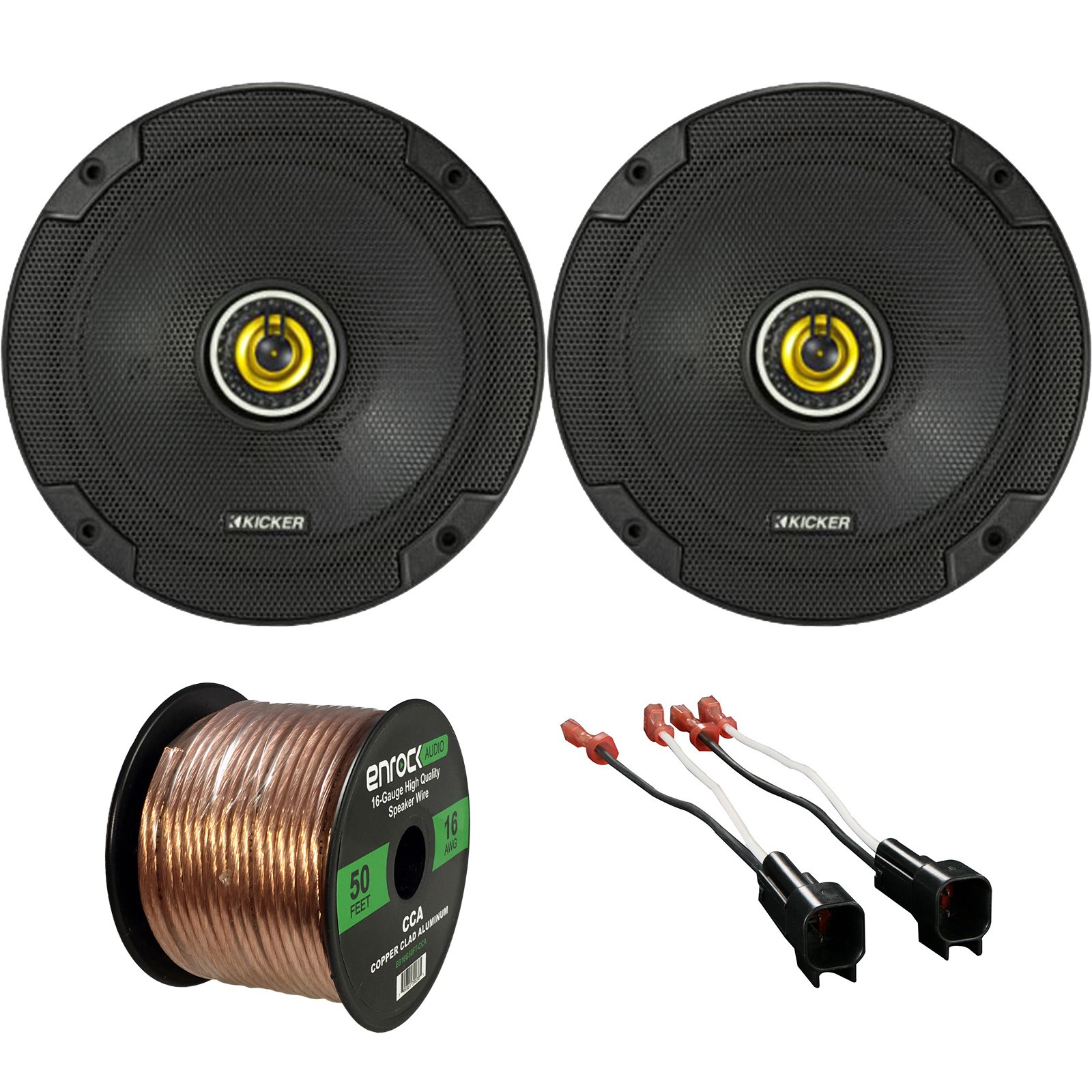 2x Kicker 6.75" 600 Watt Black Car Speakers, 2x Metra Speaker Adapter, 50Ft Wire