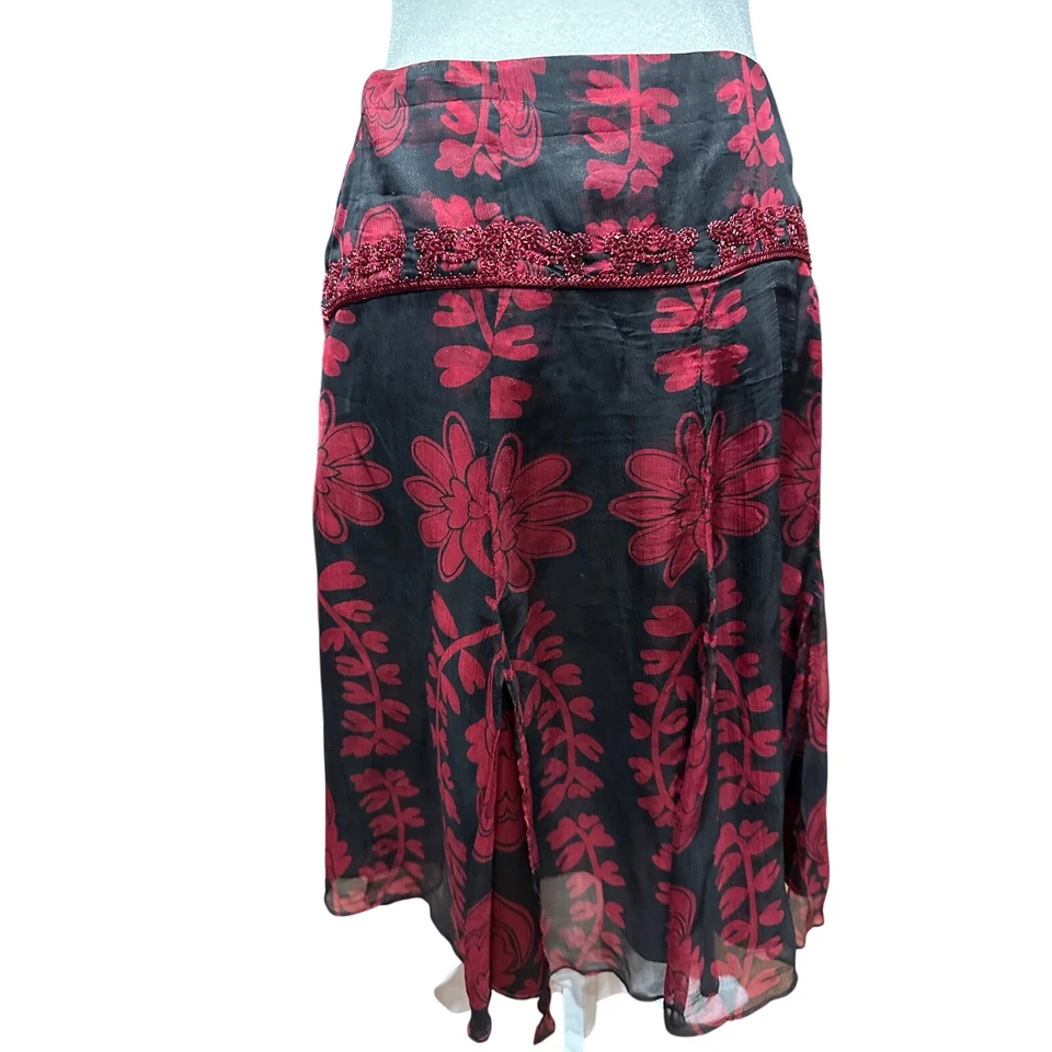 ECI New York Skirt Silk Black Red Floral Sheer Overlay Romantic Whimsigoth 12 - Image 2 of 4