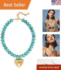 Chunky Heart Necklace with Colorful Resin Beads Gold Pendant - Adjustable Size