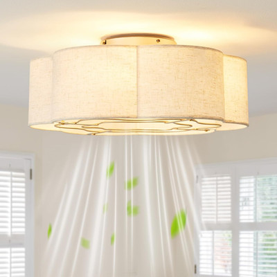 20'' Beige Boho Flush Mount Ceiling Fan with Lights & Remote - 6 Speeds