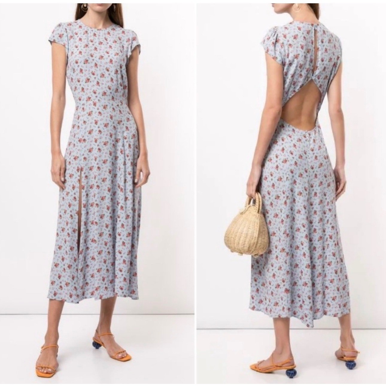 Reformation Gavin Dress Women 4 Blue Floral Open Back Slit Midi Hailey Bieber
