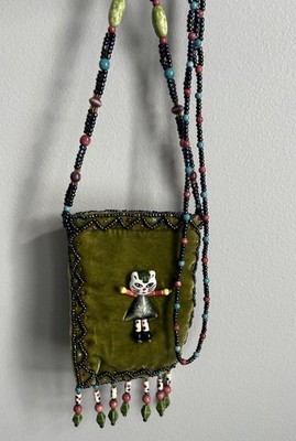Small Boho Velvet Beaded Zipper Crossbody Shoulder Purse Pouch Bag Cat 3''X4.5''