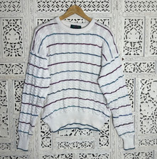 Vtg White Chunky Knit Textured Crewneck Grannycore Grandpa Sweater Sz Large