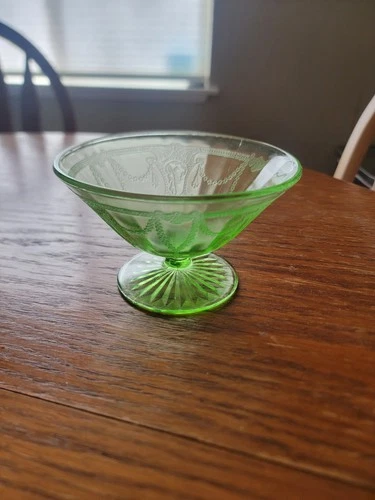 Uranium Glass Ballerina  Compote Footed Bowl Green Depression Glass 5 1/4” J82