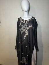Black Embroidered Kaftan Abaya Loose Fit Sheer Overlay Floral Detail Modest Wear