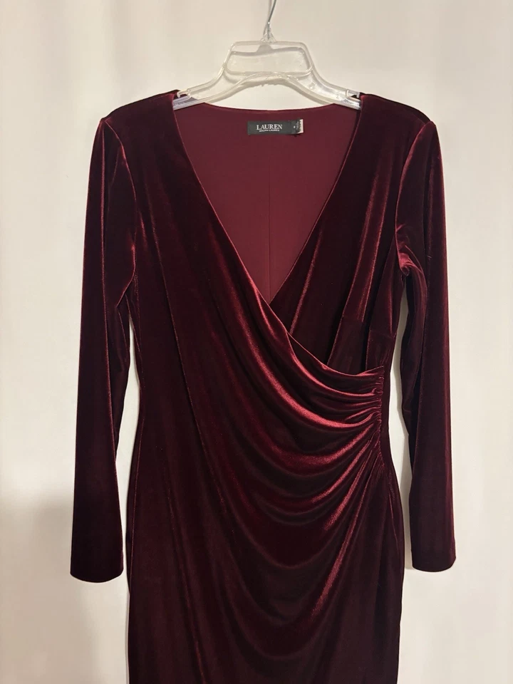 Ralph Lauren LRL Dress 8 Burgundy Velvet Long Sleeve Short Stretch - Image 3 of 4