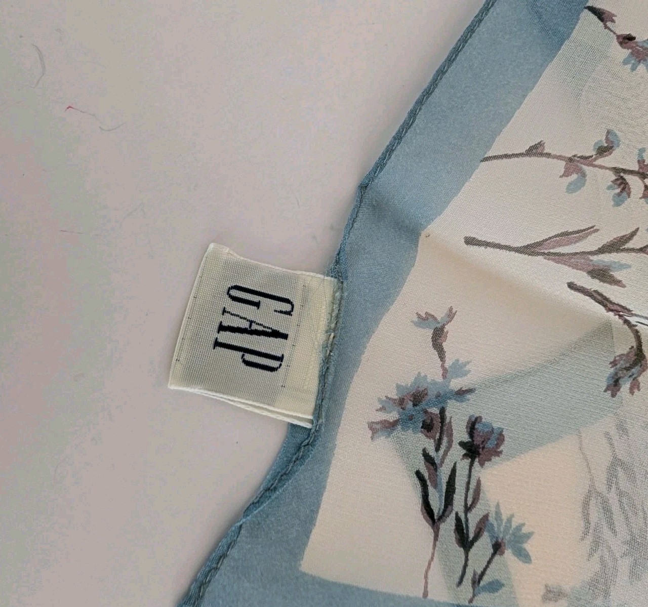 100% Gap Silk Scarf 20X20 Blue Border With Blue And Brown Floral Pattern
