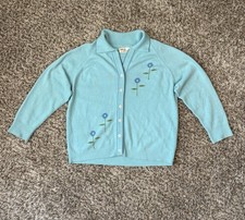 Vintage 60's Talbott Taralan Cardigan Sweater Blue Floral Long Sleeve