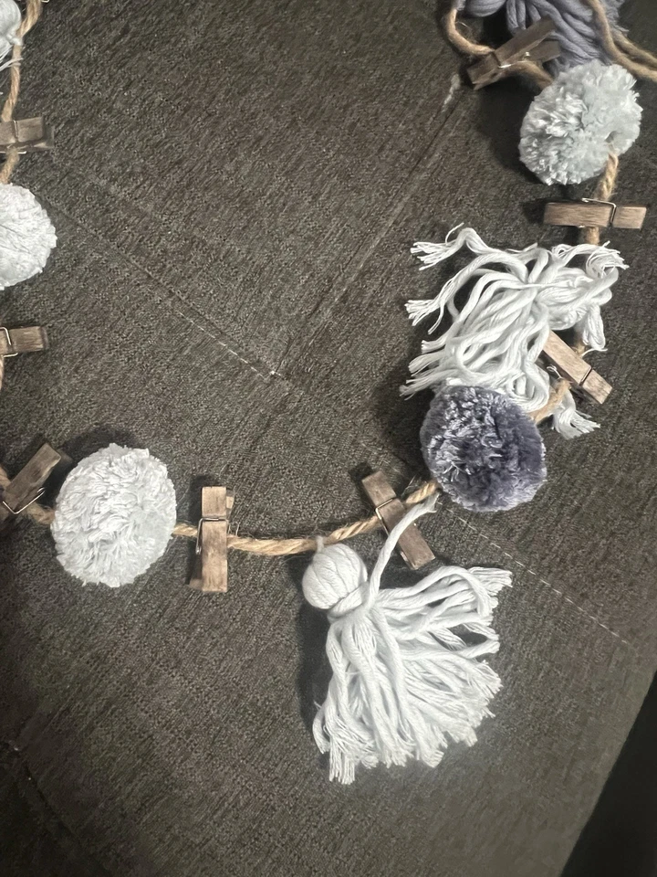 Guirnalda nupcial azul gris pompón chenilla foto baby shower Foto 2 de 2