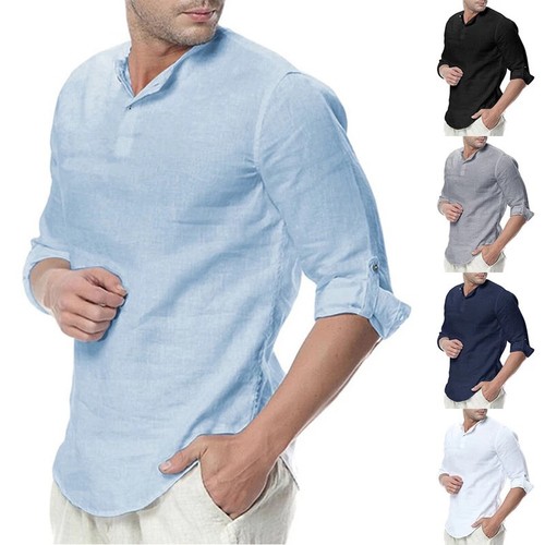 Camisas de Hombre de Vestir de Hilo de Moda Elegantes Para Camisetas Manga  Larga | eBay