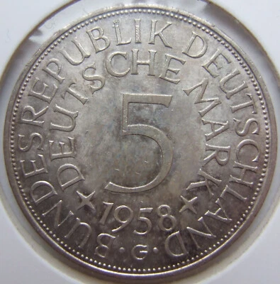 Münze BRD Silberadler 5 Deutsche Mark 1958 G in fast Stempelglanz - Bild 1 von 2