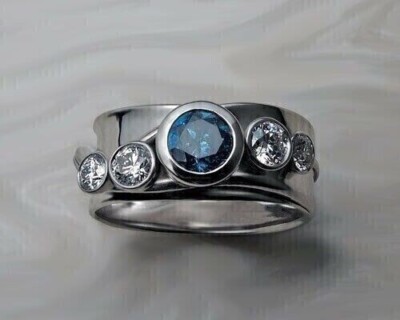 Round Cut Simulated London Blue Topaz Stunning Band Ring 14K White Gold Plated