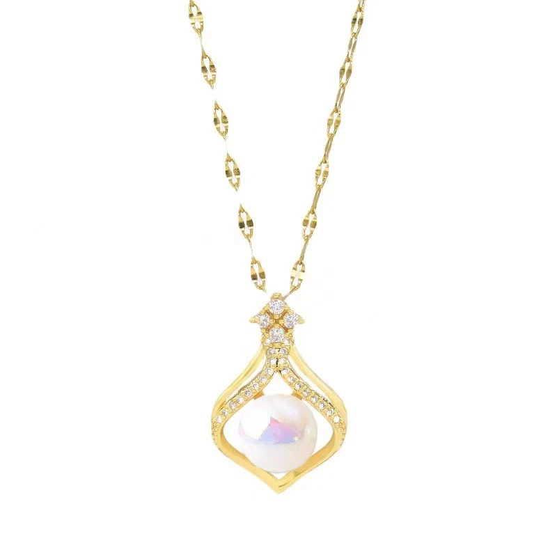 Damen Halskette Gold Silber 18 Karat vergoldter Edelstahl Luxus Halskette Perle - Bild 4 von 4