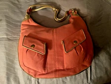 Michelle Frantz Coral Canvas Hobo bag w/ gold leather trim & handle - NEW unused