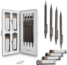 MozArt Mechanical Pencil Set with Case - 4 Sizes: 0.3, 0.5, 0.7 & 0.9mm with 30