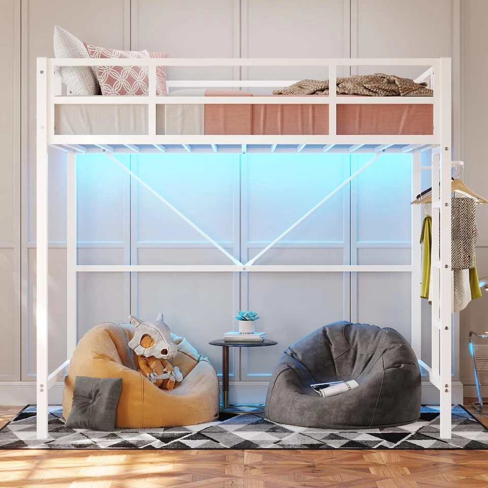 White Metal Loft Bed Twin Size with LED Lights Clothes Rack Stairs for Kids - Image 4 of 4