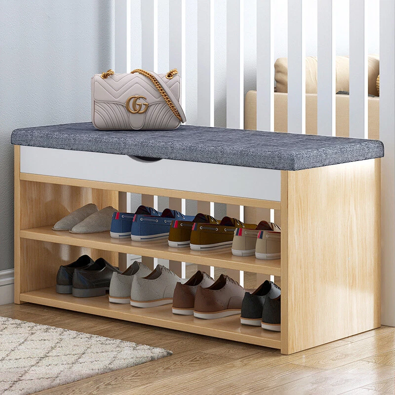 3 Tier Wooden Shoe Bench with Cushion Storage Rack Padded Seat