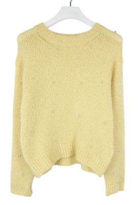 SANDRO Jumper Women's SMALL Pullover Crew Neck Knitted Beaded Yellow