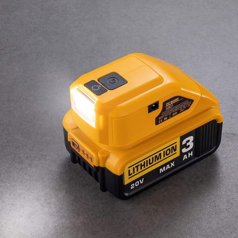 Dual USB Power Source Battery Adapter for Dewalt Battery w/LED Light For DCB090