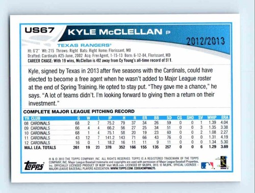 2013 Topps Update Gold Kyle McClellan 2012/2013 Texas Rangers #US67 - Picture 2 of 2