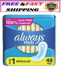 Always Maxi Pads without Wings, Size 1, Regular Absorbency, 48 Count