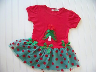 Baby Girl's Christmas Tree Ruffle Dress, red with green tree, size 2T