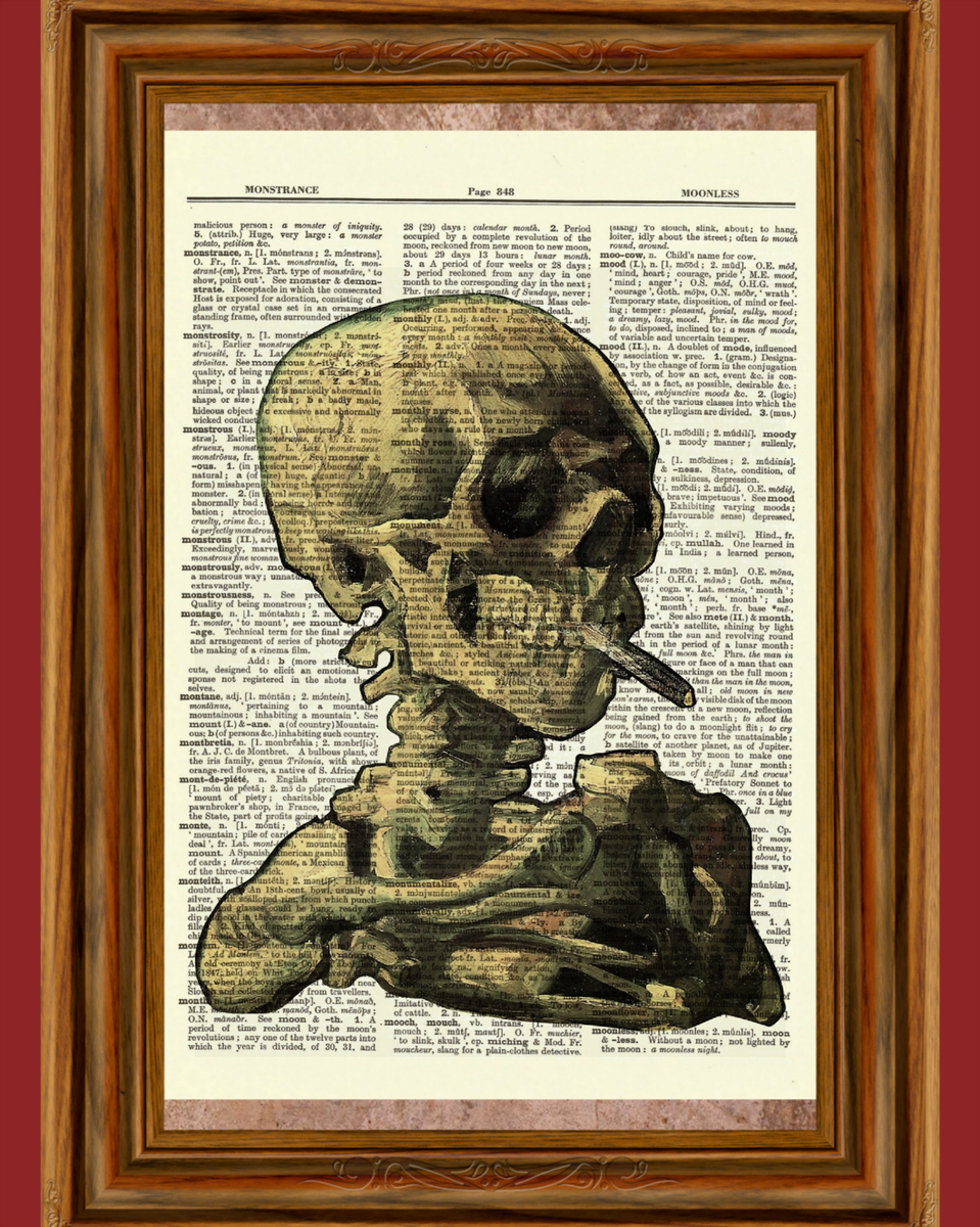 Vincent Van Gogh Burning Skeleton Smoking Dictionary Art Print Poster Skull
