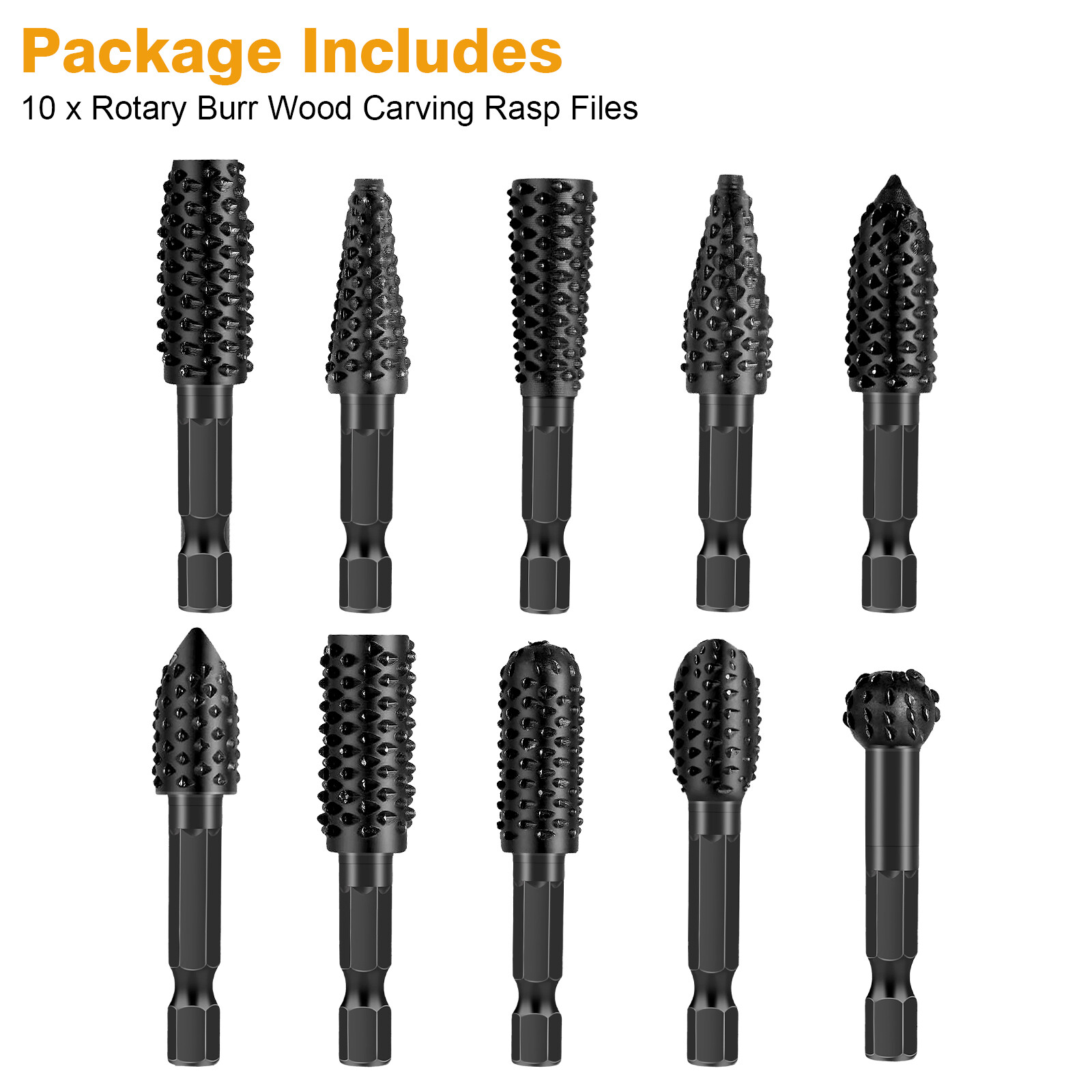 10pcs Rotary Rasp Burr File Bit Set 1/4" Shank Carbon Steel Wood Carving Tool